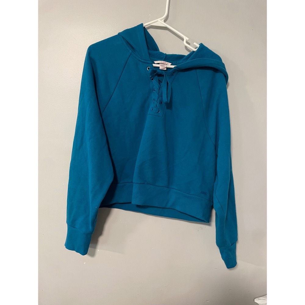 Victoria's Secret Teal Blue Lace Up Cropped Hoodie Sweatshirt Womens Large